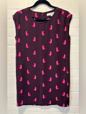 LOFT Cat Print Shift Dress Burgundy Pink Novelty Preppy Sleeveless Mini Size XSP